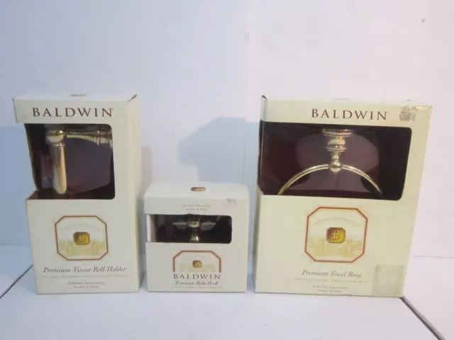 New Baldwin Premium Towel Ring Tissue Roll Holder & Robe Hook Polished Brass Set