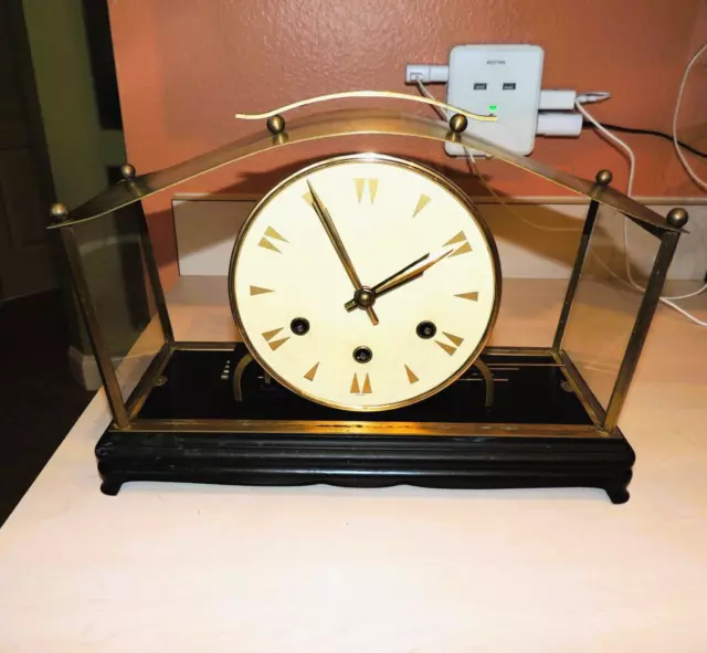 RARE EURAMCA Trading Co. 2 Jewel Brass Glass Mantle Clock Germany FOR PARTS