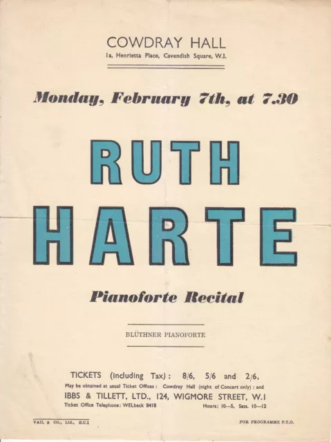 Concert Recital Programme 1938 Ruth Harte Piano Cowdray Hall