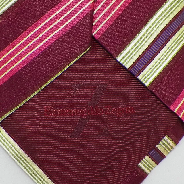 ERMENEGILDO ZEGNA Mens Burgundy Rose Lime Purple STRIPE Woven Silk Tie Italy NWT 3