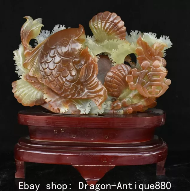 12.4" Chinese Natural Pink Xiu Jade Hand-Carved Carp Conch Blessing Statue