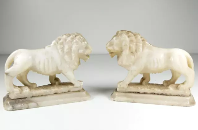 Pair Antique Victorian Carved Figurine Sculpture Alabaster Standing Lions c19th