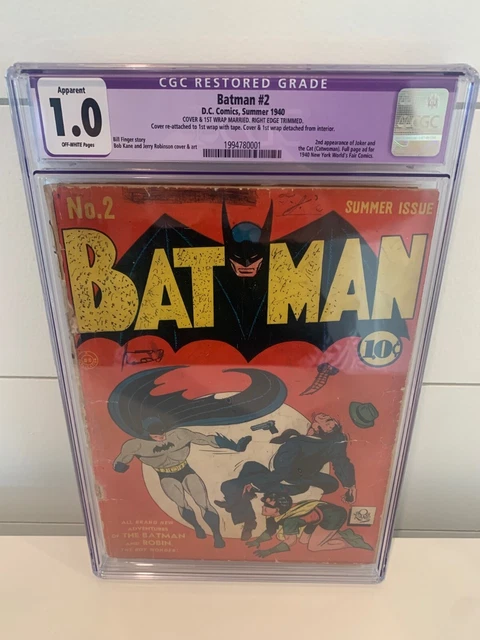 1940 D.C. Comics Batman 2 CGC 1.0. Restored - NO RESERVE AUCTION