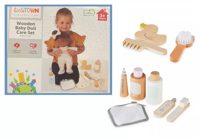 LITTLE TOWN WOODEN Baby Doll Care Set 9 PIeces Pretend Play