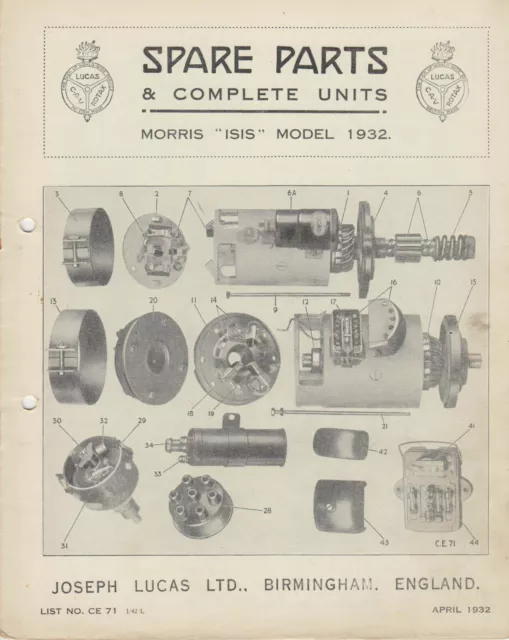 Morris Isis 1932 Lucas CAV Rotax illustrated Spare Parts List No. CE 71