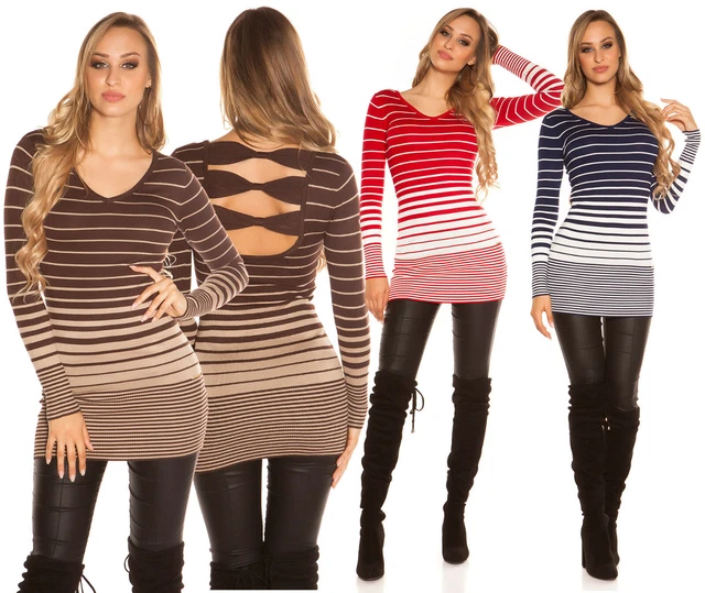 Maglione lungo koucla donna righe asimmetriche schiena cut out maniche lunghe
