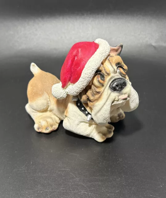 English Bulldog Resin Figurine Sculpture Lifelike w/ Santa Hat Puppy Christmas