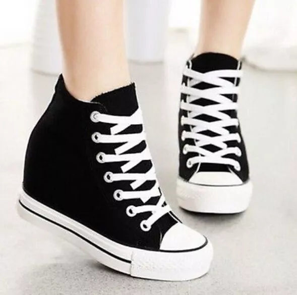 Womens Sneakers Hidden Wedge Heel Canvas High Top Lace Up Trainers Shoes