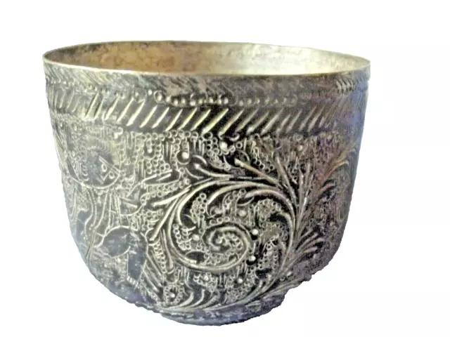 Antique Indian Small Unpolished Silver Bowl Decorated with Foliage & Dancers