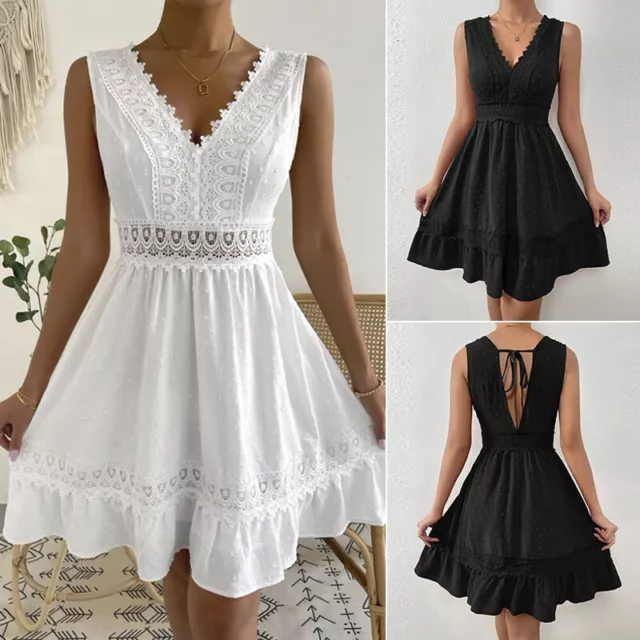 Women Boho V-Neck Lace Mini Dress Backless Casual Holiday Summer Beach Sundress