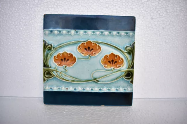 Antique Tile Art Nouveau Majolica Ceramic Porcelain England Floral Design "I101 2