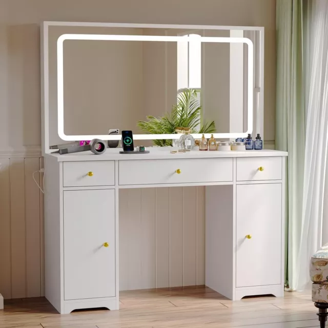 Vanity Desk with Large LED Lighted Mirror & Power Outlet, Makeup Vanity Table