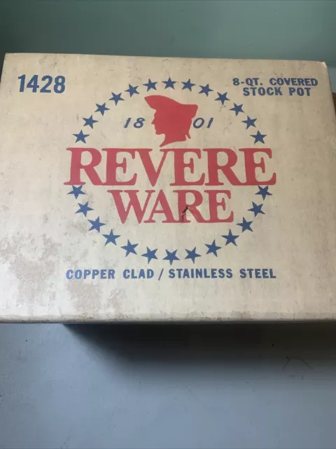 New In Box Revere Ware 1801 Copper Bottom 8 Qt Quart Stock Pot w Lid