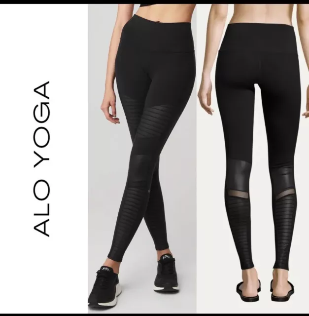 Alo Yoga Women's Moto Leggings SIZE S Black Glossy Ribbed Mesh Panel Stretch Gym