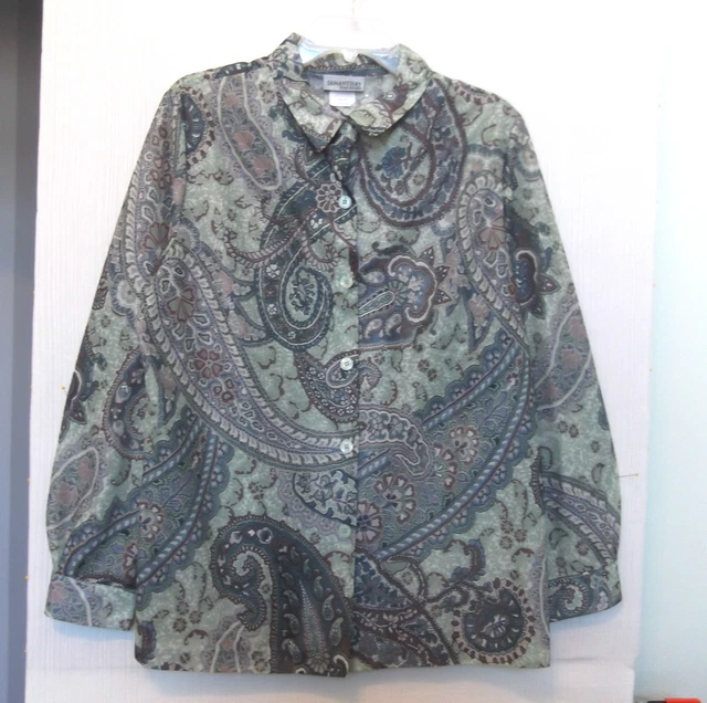 Samantha's Style Shoppe Sz L Green Brown Gray Paisley Polyester Blouse, long slv