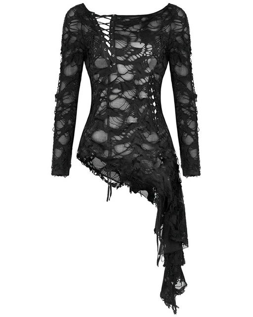 Dark In Love Womens Gothic Skull Cutout Tunic Top Black Shredded Destroyed Punk