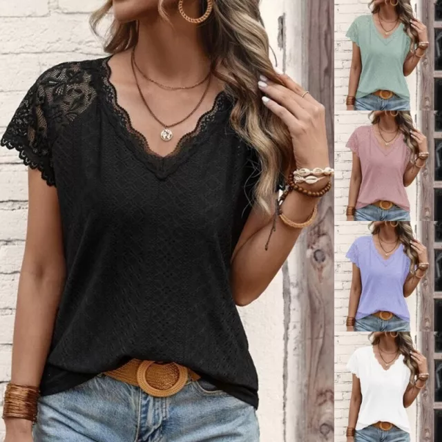 Women Summer Tops V Neck T Shirt Ladies Loose Short Sleeve Work Tunic Blouse