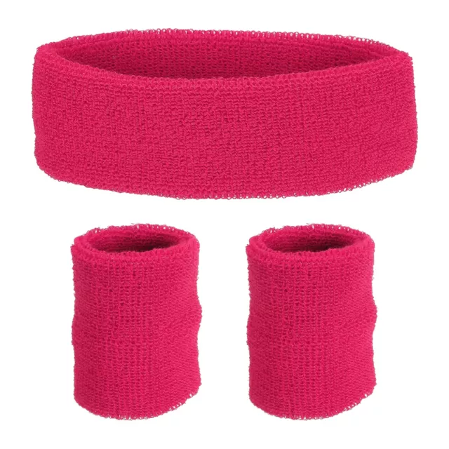 1 Headband & 2 Sport Wristbands Cotton Athletic Sweatband Dark Pink