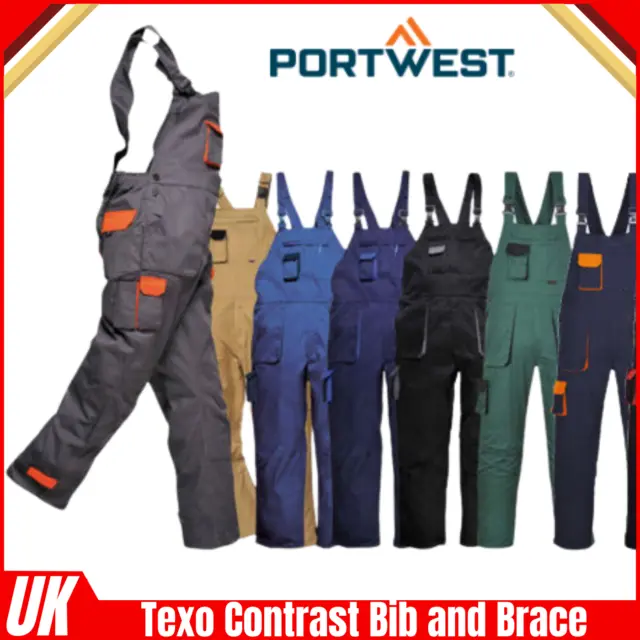 Portwest Painters Bib and Brace Overall Safety Work Wear Coverall Texo Contrast