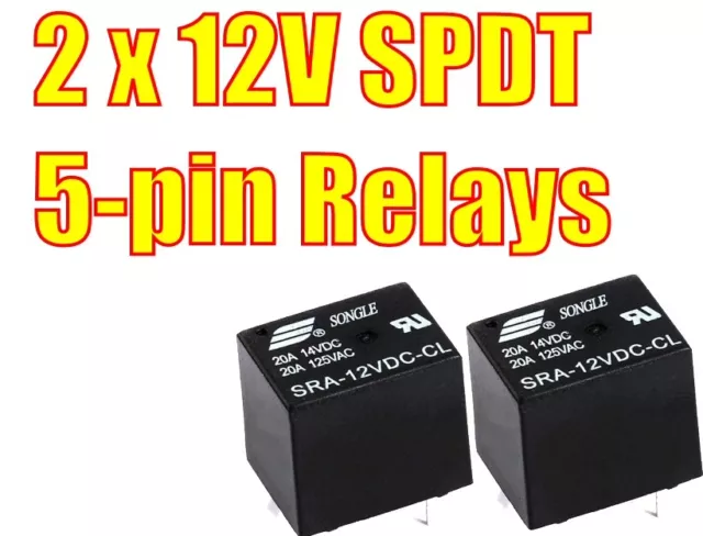 2 x 12V DC Mini Power Relay 20A 5-Pin SPDT. NO/NC operation. 5 'breadboard' pins