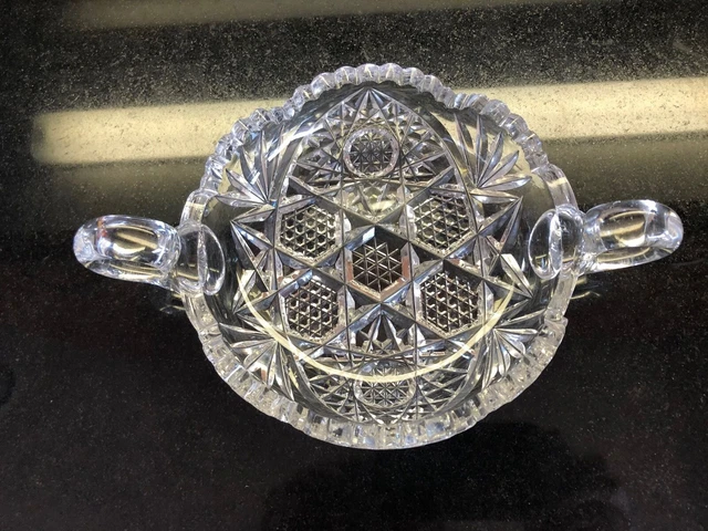 Vintage American Brilliant Cut Glass Crystal Sugar Bowl Sawtooth Edge 2 Handles 2