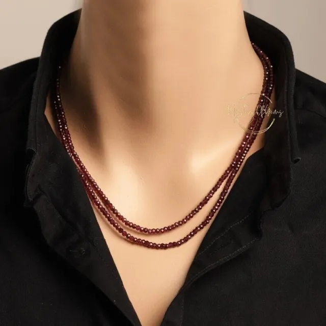 Beautiful Red Garnet Faceted Round Shape Gemstone Beaded 2 Strand Necklace 18"