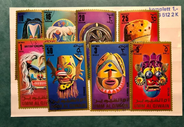 8 Briefmarken Masken Umm al Qiwain, gestempelt