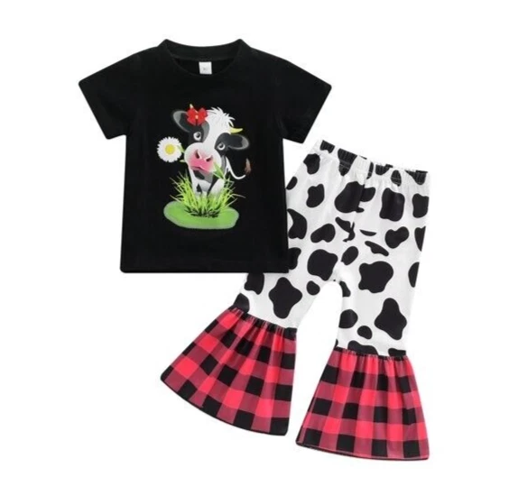 New Boutique Girls Size 6 Black Short Sleeve Cow Shirt Bell Bottom Pants