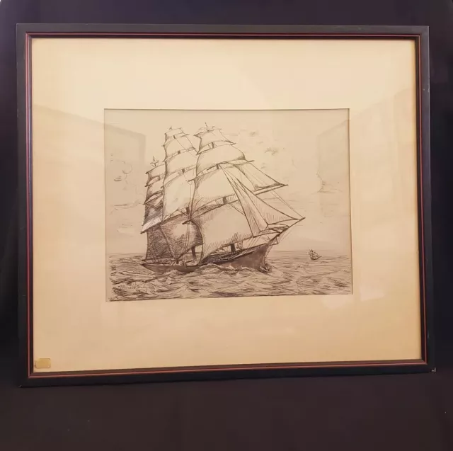 CLIPPER SHIP Art Signed Framed pen & ink 19.75" x 23" inscription backside READ