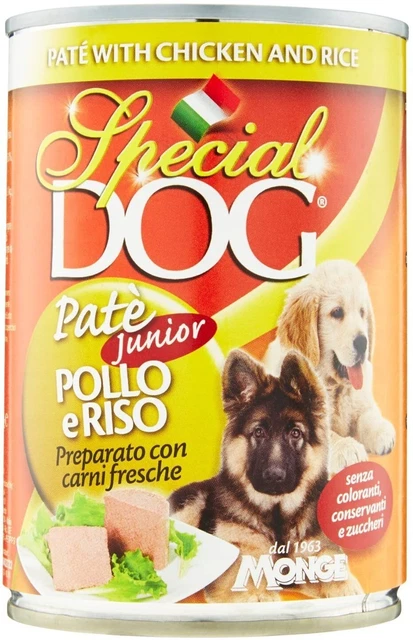 Paté Junior de Pollo y Arroz Monge Special Dog en lata Formato de 400gr
