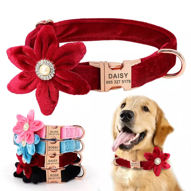 Red Velvet Dog Collar Engraved Big Flower Personalised Custom Pet ID Name Number