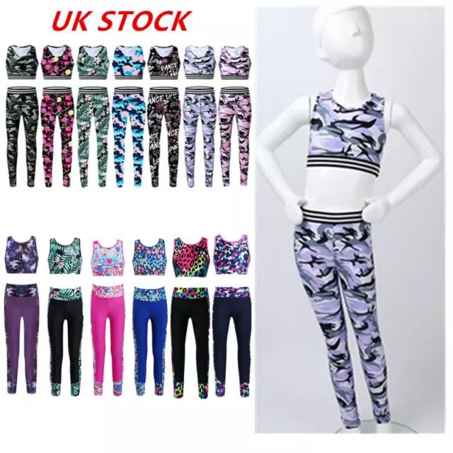 UK Kids Girls Workout Dance Gymnastics Outfits Tracksuit Crop Tops Leggings Set