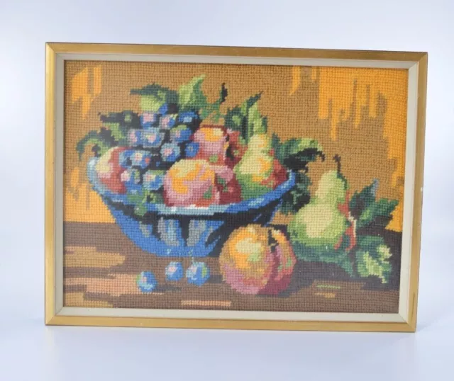 Tapestry Fruit Bowl Still Life Vintage Hand Made Art Picture Gift Cottagecore