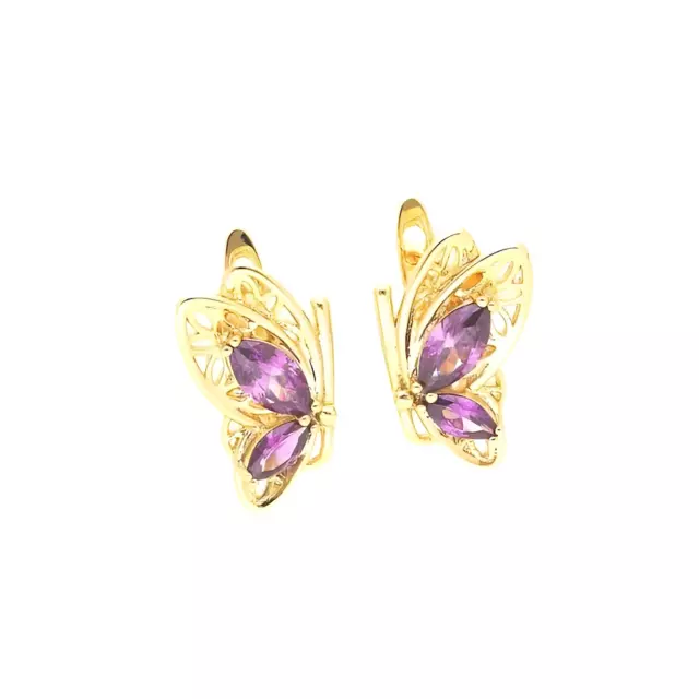 Boucles d'Oreilles Femme Dormeuses Papillon Cristal Violet Or Jaune 750 Laminé*