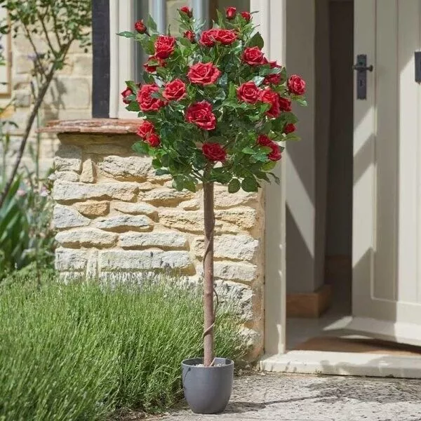 Artificial Rose Bush Tree Potted Plant Red Faux Flowers Home Decor Garden Porch