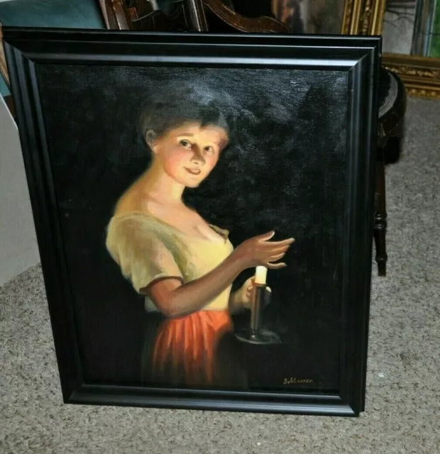 Vintage  Beautiful translucent Portrait of young Lady with Candle  Painting
