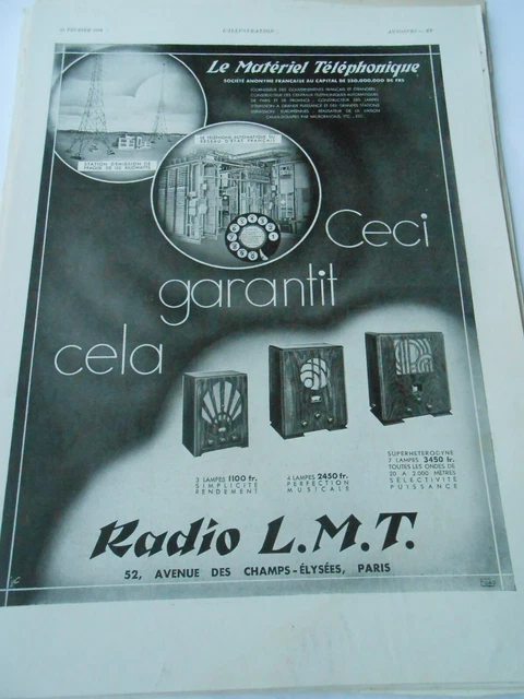 RADIO L.M.T. LE MATERIEL ELECTRIQUE publicité papier ILLUSTRATION 1933