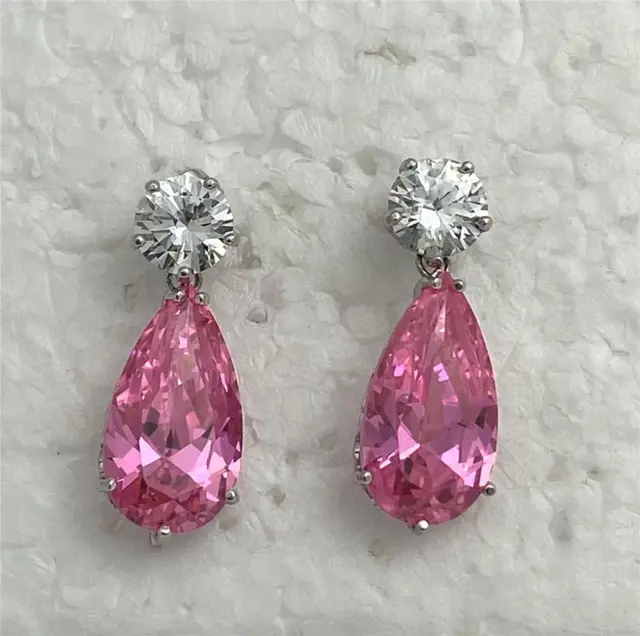 925 Sterling Silver Pink & Clear CZ Dangle Drop Post Earrings