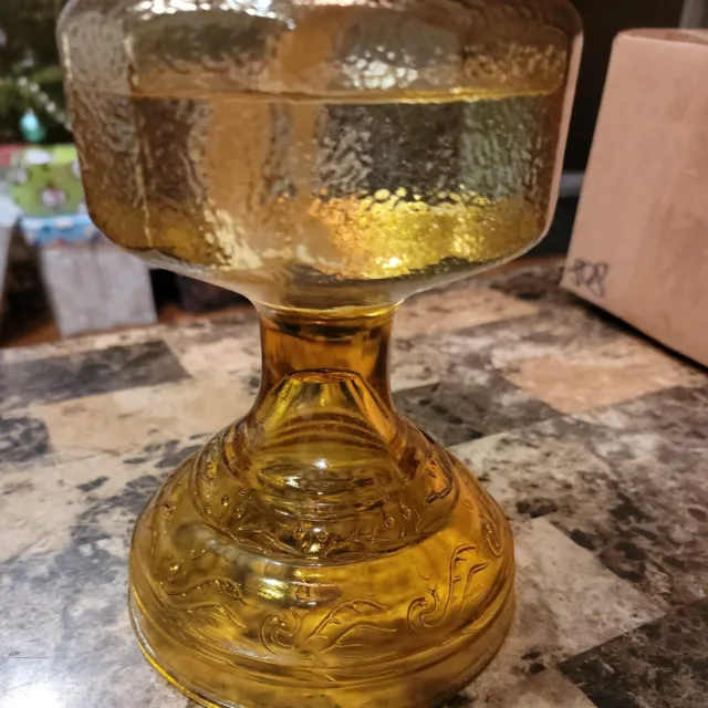 Vintage Mid Century Atwood "Hurricane Lamp" Ornate Amber w/ hob-knob plume 20oz