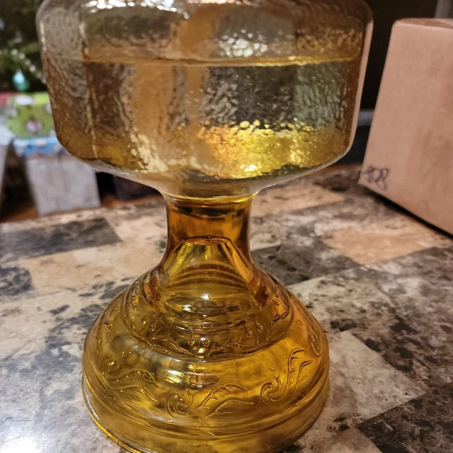 Vintage Mid Century Atwood "Hurricane Lamp" Ornate Amber w/ hob-knob plume 20oz