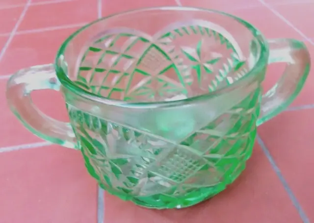 Vintage Green Depression Glass Twin Handle Sugar Bowl