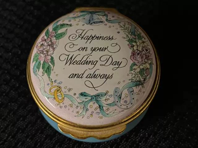Halcyon Days Enamel Trinket Box "HAPPINESS ON YOUR WEDDING DAY"  ~ 1 1/2" Round