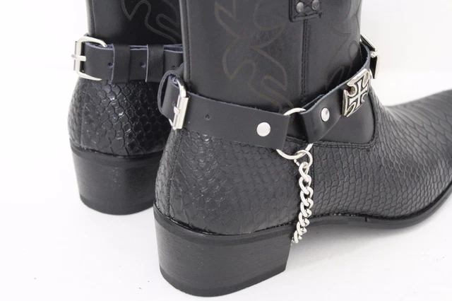 New Men Western Iron Cross Boot Band Chain Pair Black Straps Rider Shoe Bracelet