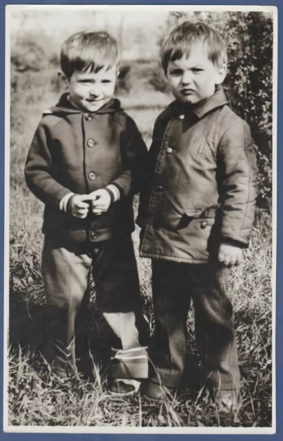 Beautiful two children boys in jackets in the nature Soviet Vintage Photo USSR