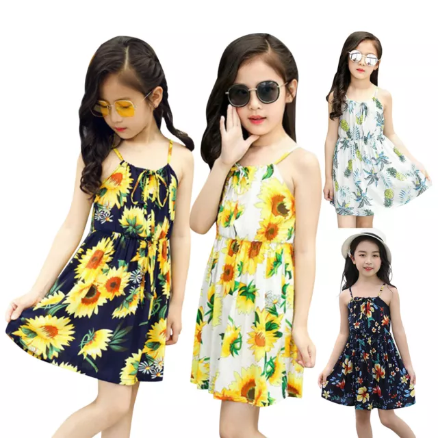 Toddler Kids Girls  Floral Bohemian Sunflowers Sleeveless Beach Straps Dress -