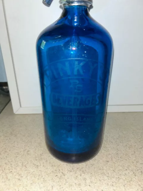 Vintage Blue Glass Seltzer Bottle Pinky's Beverages Long Island New York Ny 26Oz