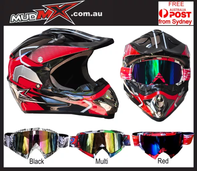 NEW Red Gloss Helmet + FREE Goggles for MX BMX MOTOCROSS JNR YOUTH/ADULT/KIDS