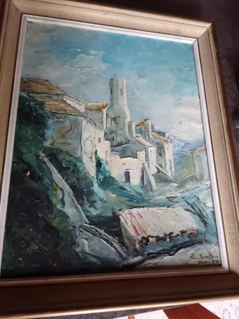 Peinture ancienne sur toile signée E. Simon cathédrale de Viviers 1938 Rare