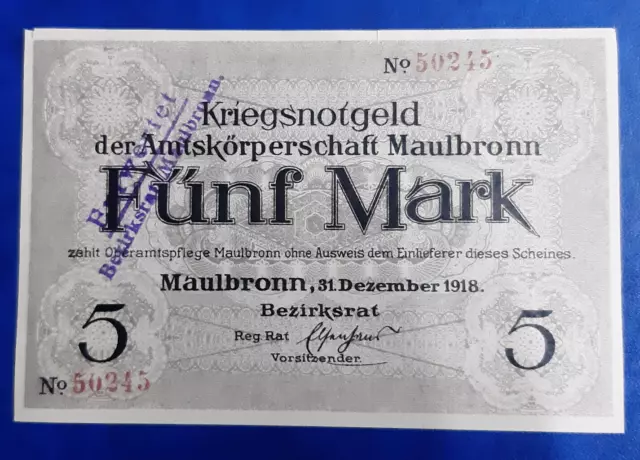 Maulbronn Notgeld 5 Mark 1918 Entwertet Emergency Money Germany Banknote (27564)