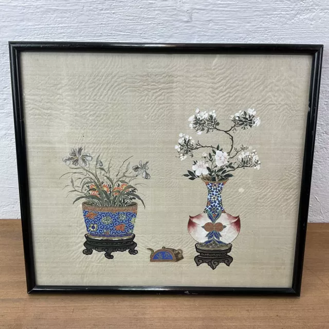 Antique Framed Chinese Gouache Painted Silk Flowers Quing Dynasty